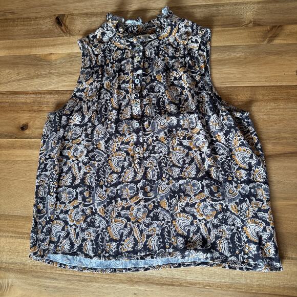 Faherty Faith Ruffle Sleeveless Blouse Small Neutral Popover Top Paisley Floral - Picture 10 of 12